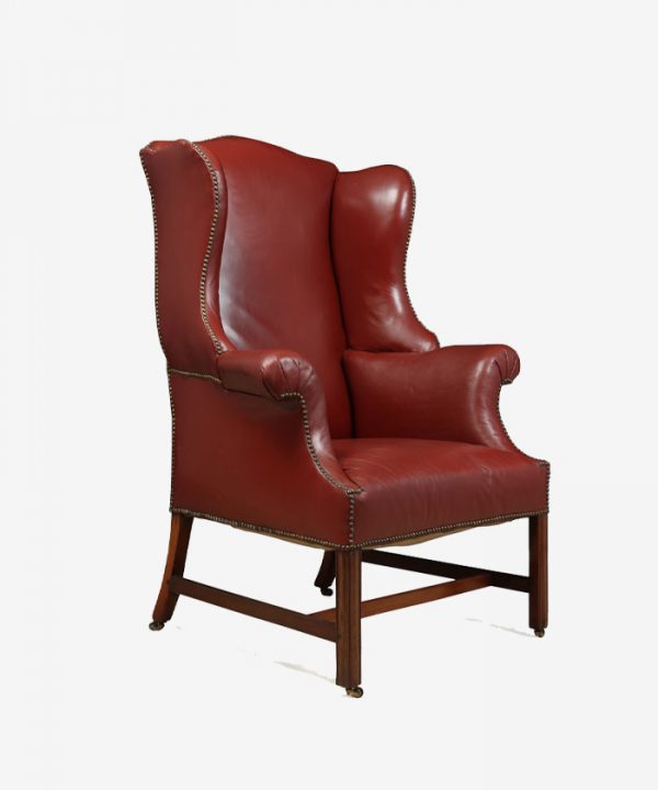 Antique Wing Chair, Red Leather and Mahogany c1890