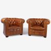 Pair of Tan Leather Buttoned Chesterfield Club Chairs