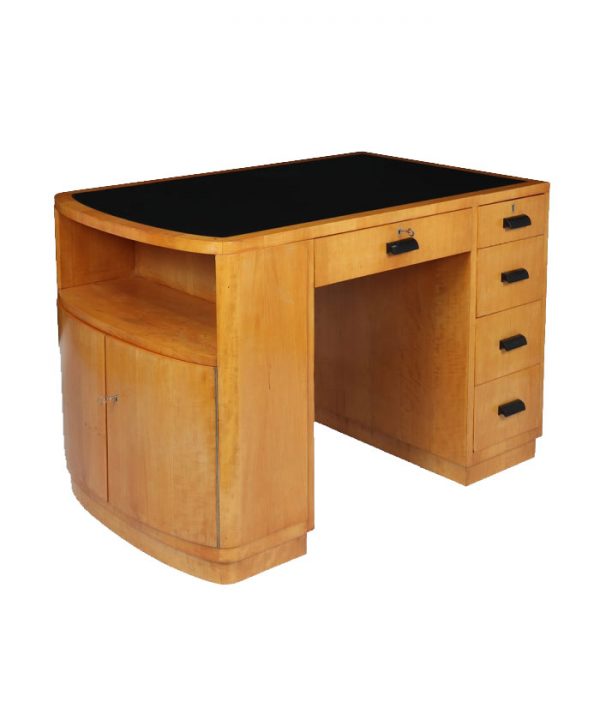 Art Deco Desk In Satin Birch With Leather Top