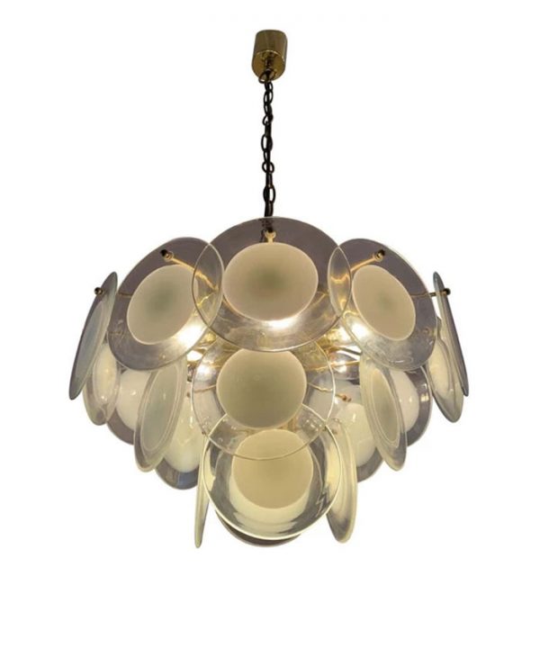 1970s Italian glass disc and brass chandelier vistosi style