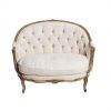 19TH CENTURY FRENCH PAINTED BUTTON BACKED LINEN TWO-SEAT CARVED CURVED SOFA