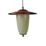 Mid-Century White And Red Glass, Metal, And Brass Ceiling Lamp