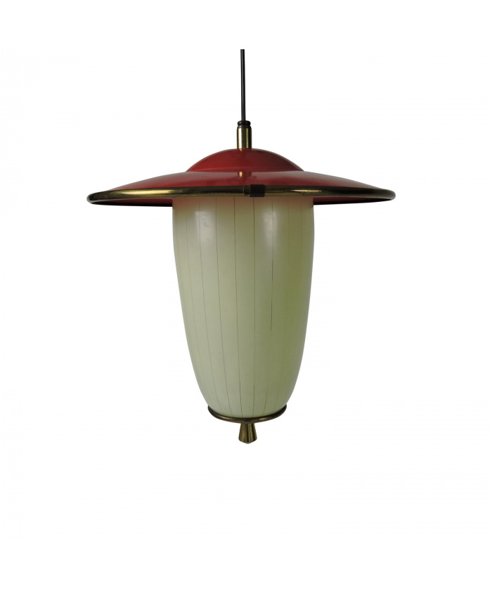 Mid-Century White And Red Glass, Metal, And Brass Ceiling Lamp