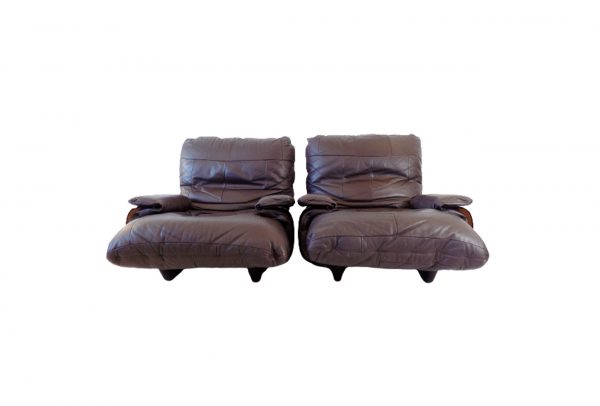 Ligne Roset Marsala Set Of 2 Brown Leather Armchairs By Michel Ducaroy