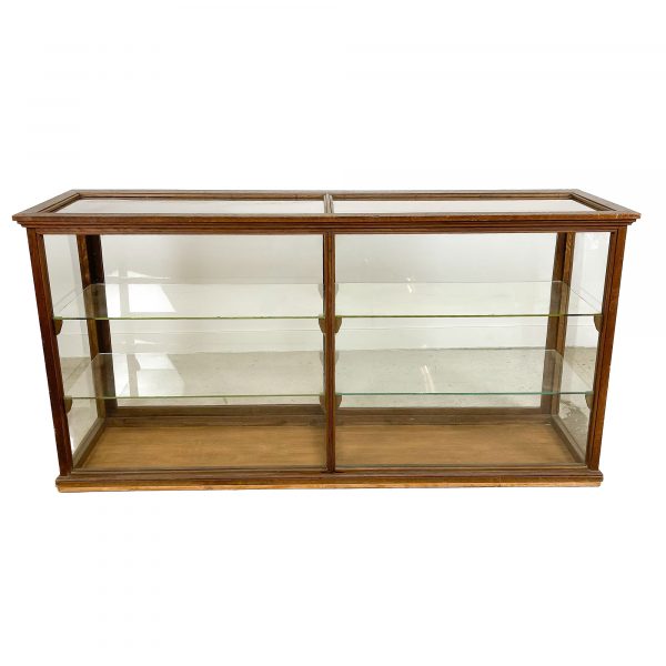 Antique oak display counter old glass