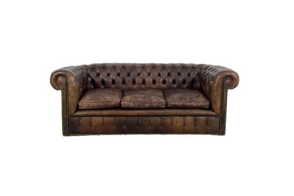 Large Antique Brown Leather Chesterfield Sofa, 1920s