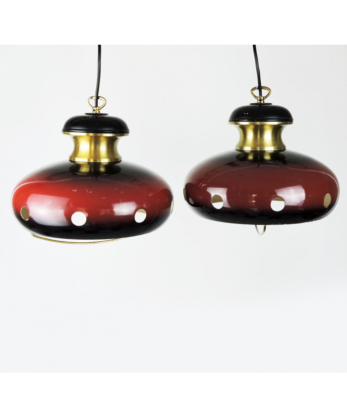 Red And Gold Space Age Pendant Lamps, 1960s, Set Of 2