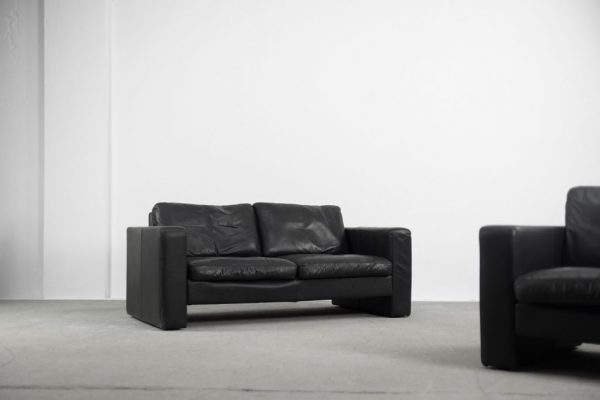 German Black Leather 2-Seater Conseta Sofa by F. W. Möller from COR, Set of 2