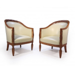 Pair Of Carved Pear-wood French Art Deco Armchairs