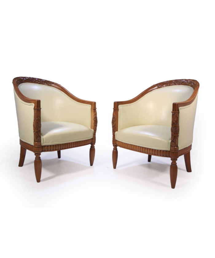 Pair Of Carved Pear-wood French Art Deco Armchairs