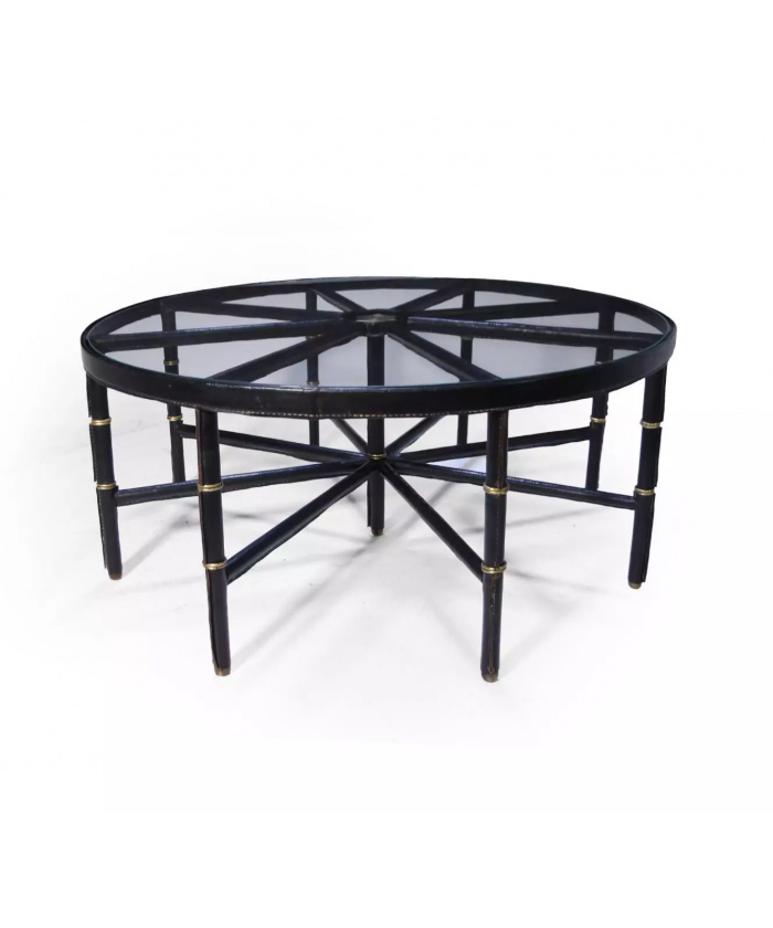 Stitched Leather And Brass Table By Jacques Adnet