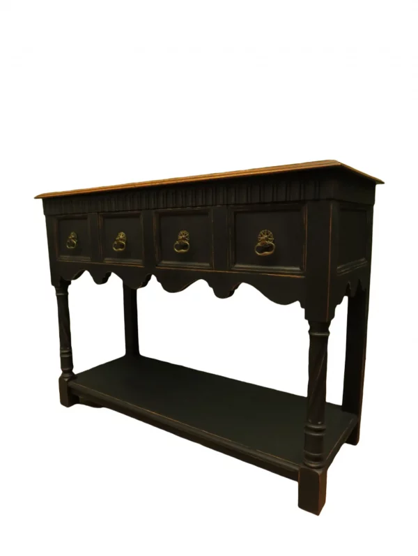 Antique Black Painted Oak Console Side Table With Drawers & Natural Oak Top