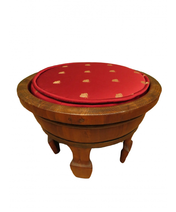 Antique Chinese Wooden Stool With Red Cushion