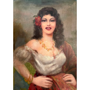 19th Antique Orientalist GYPSY Woman Tambourine Portrait Oil Painting Original