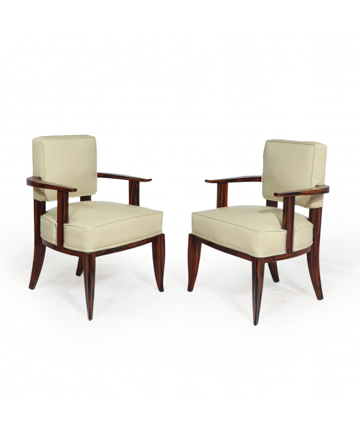 Excellent Pair Of Art Deco Leather & Macassar Ebony Chairs