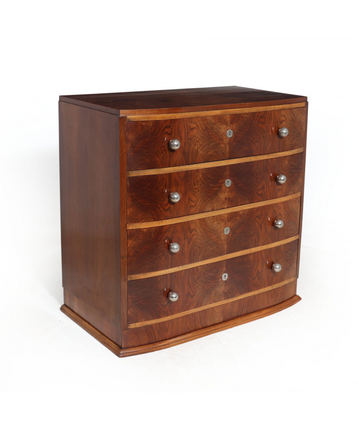 Art Deco Walnut Bow Fronted Chest Of Drawers