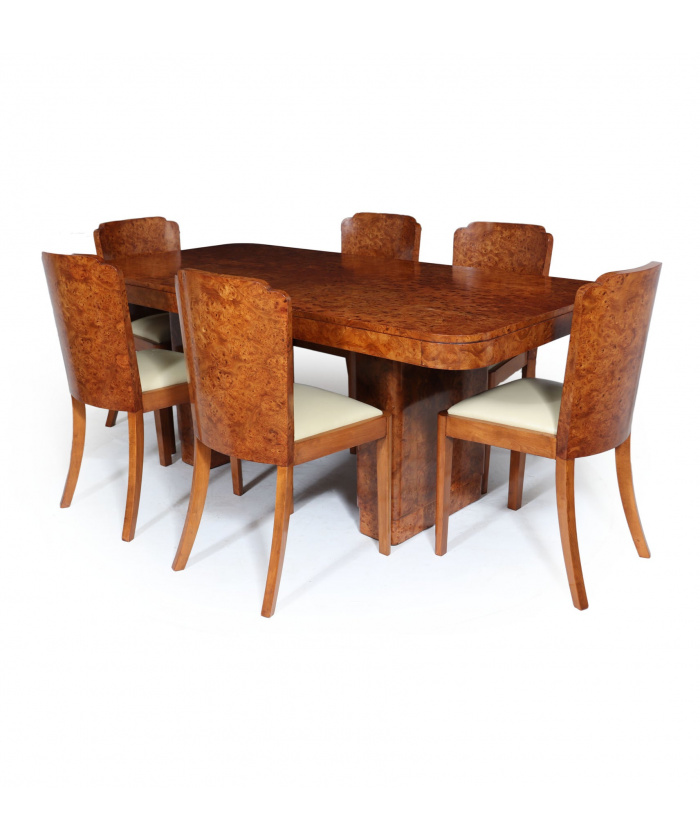 English Art Deco Dining Table & Chairs In Burr Walnut