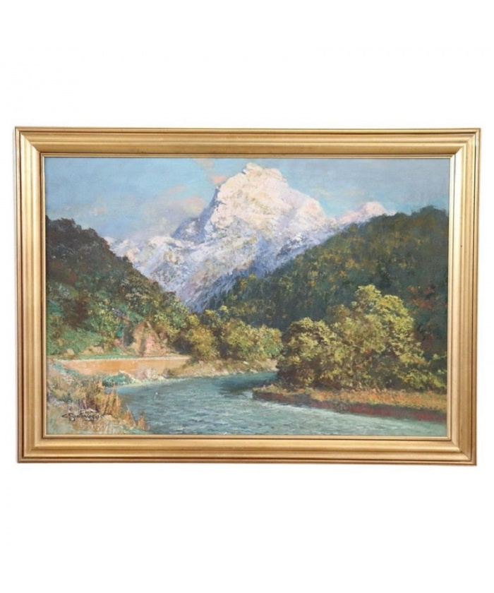 Cesare Bentivoglio Mountain Landscape With River Oil On Canvas Signed