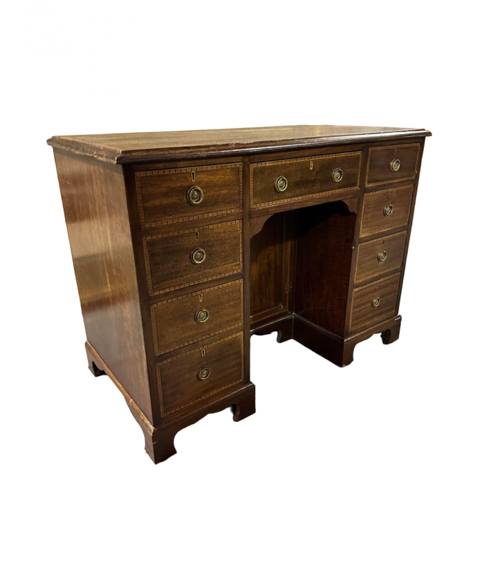 Edwardian inlaid mahogany kneehole writing desk made by Morris of Glasgow