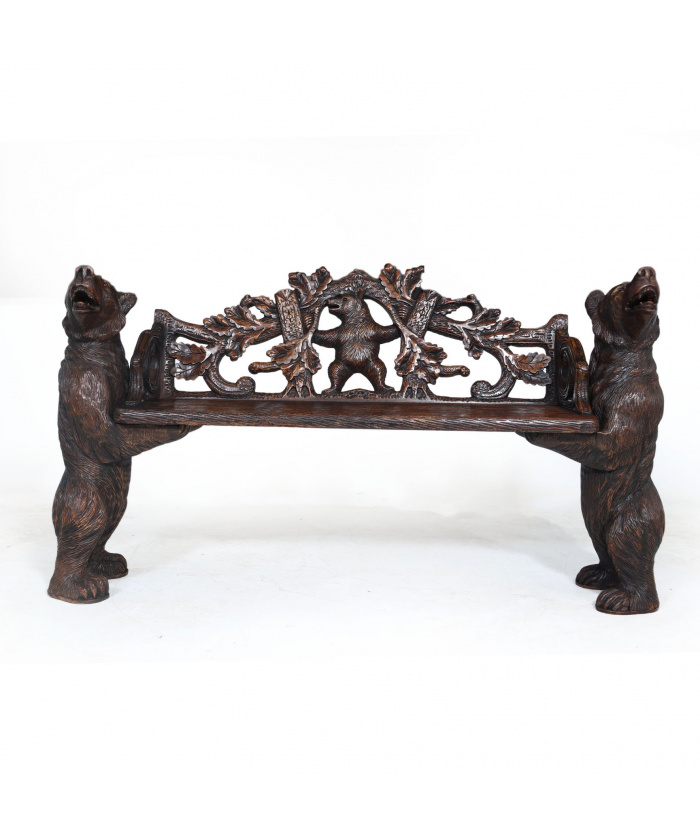 Intricately Carved Black Forest Bear Bench
