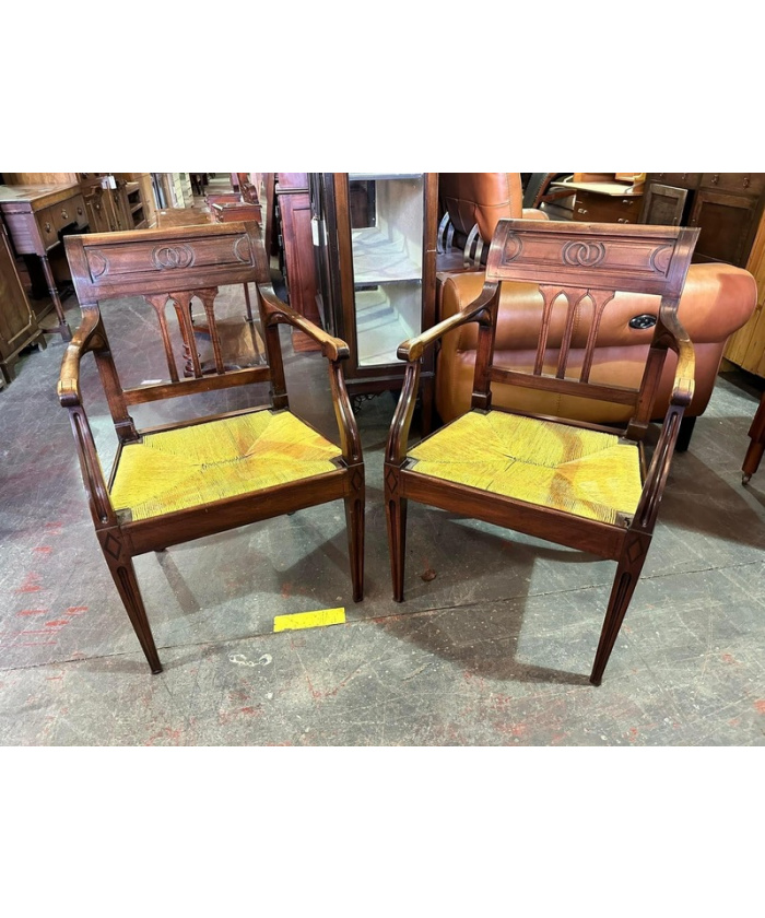 Antique Rush Seated Mahogany Framed Armchairs