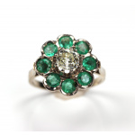 French Antique Diamond 1.09 ct. Emerald Ring 18K White Gold