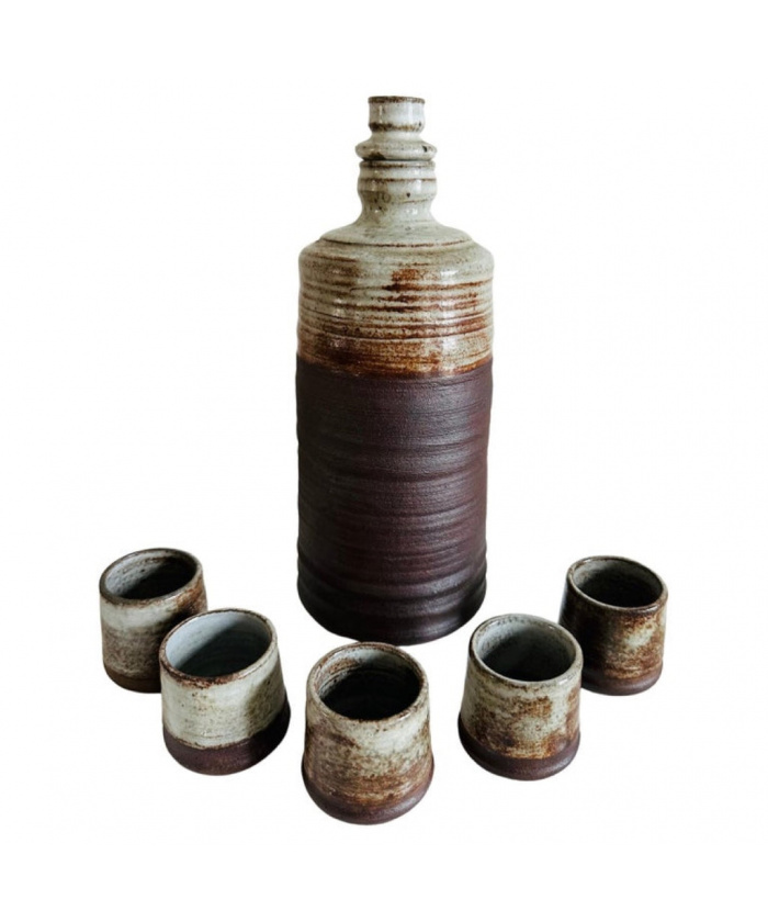 French Studio Pottery Bottle & Five Cups, 1960s