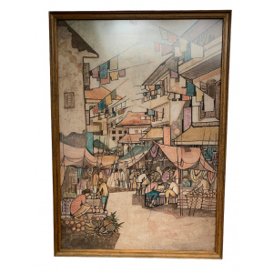 Vintage Silk Screen Busy Market Artwork Signed By Sulaiman, 1970s