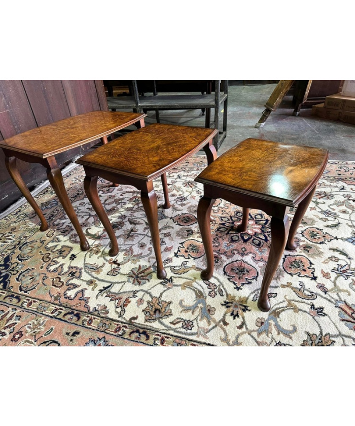 Set of three burr walnut occasional tables on cabriole supports