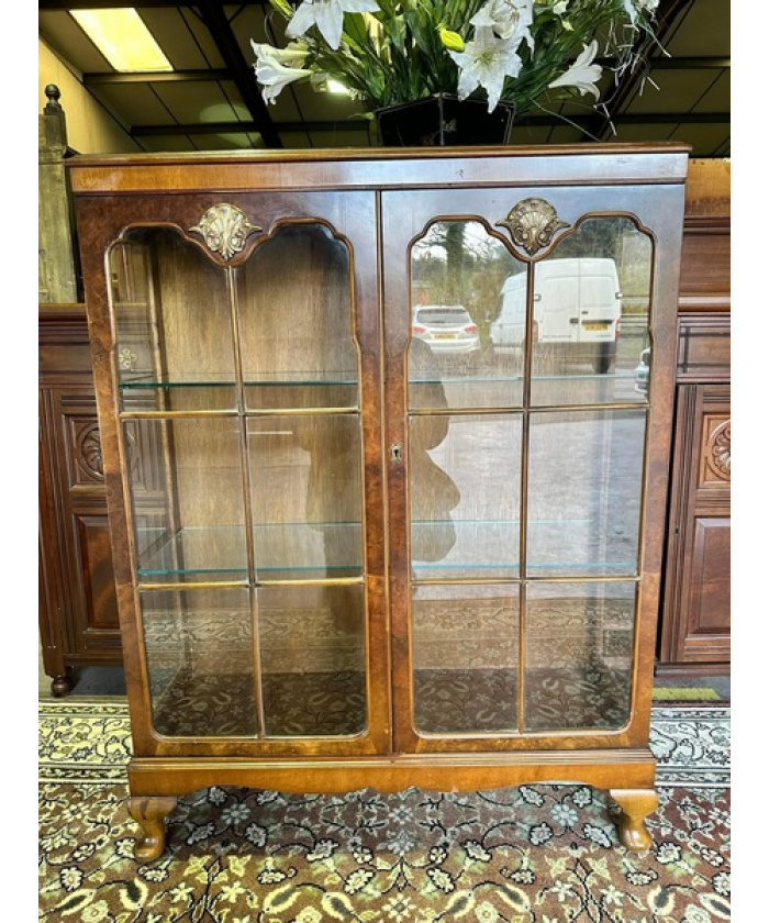 Vintage Mahogany & Burr Walnut Glazed Display Cabinet