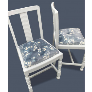 Two early 20th century solid wooden chairs in soft Wedgewood blue with velvet printed seats