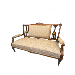 Arts and Crafts Victorian wooden sofa with inlaid details finished in geometric tapestry