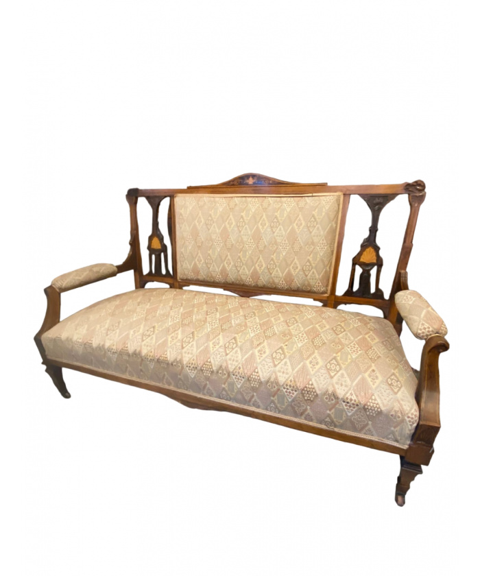 Arts and Crafts Victorian wooden sofa with inlaid details finished in geometric tapestry