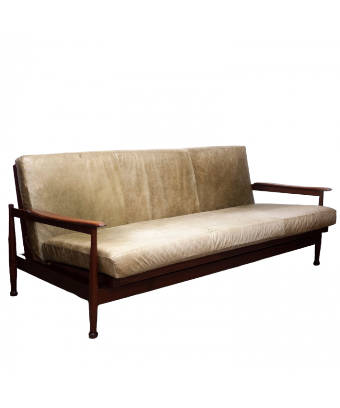 Manhattan Afromosia and Green Leather Sofa Bed by Guy Rogers, 1960s