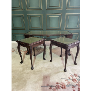 Reproduction Mahogany Nest Of Tables Having A Green Leather Inset Top
