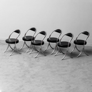Set Of 6 Vintage 70s Wick Style Metal Eco-Leather Chairs