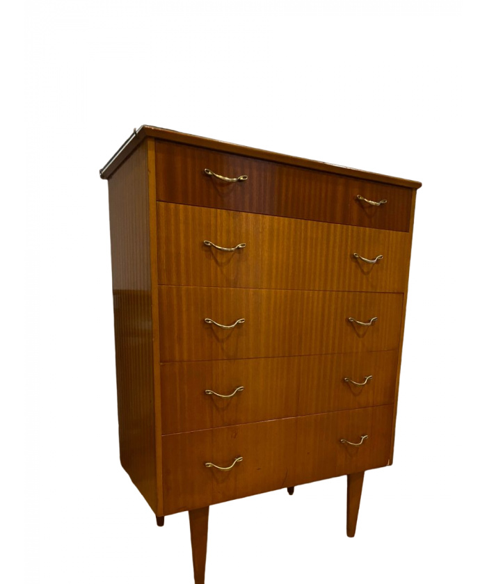 Mid century chest of 5 drawers vintage tallboy high shine teak veneer