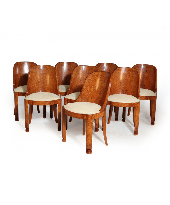 Exceptional Set Of 8 French Art Deco Dining Chairs In Amboyna