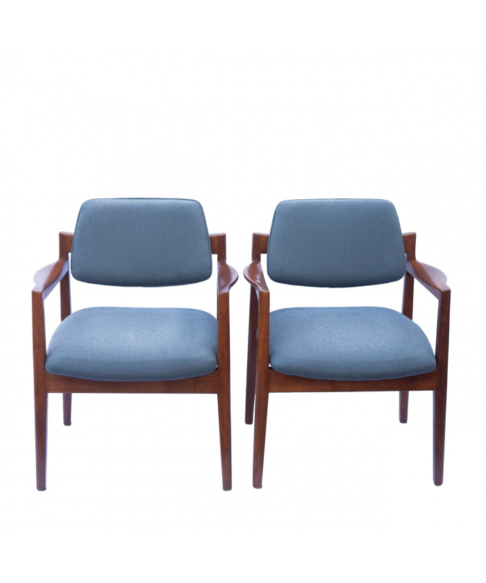 Arm Chairs By Jens Risom For Knoll In Walnut & Newly Upholstered In Blue Fabric, 1960s