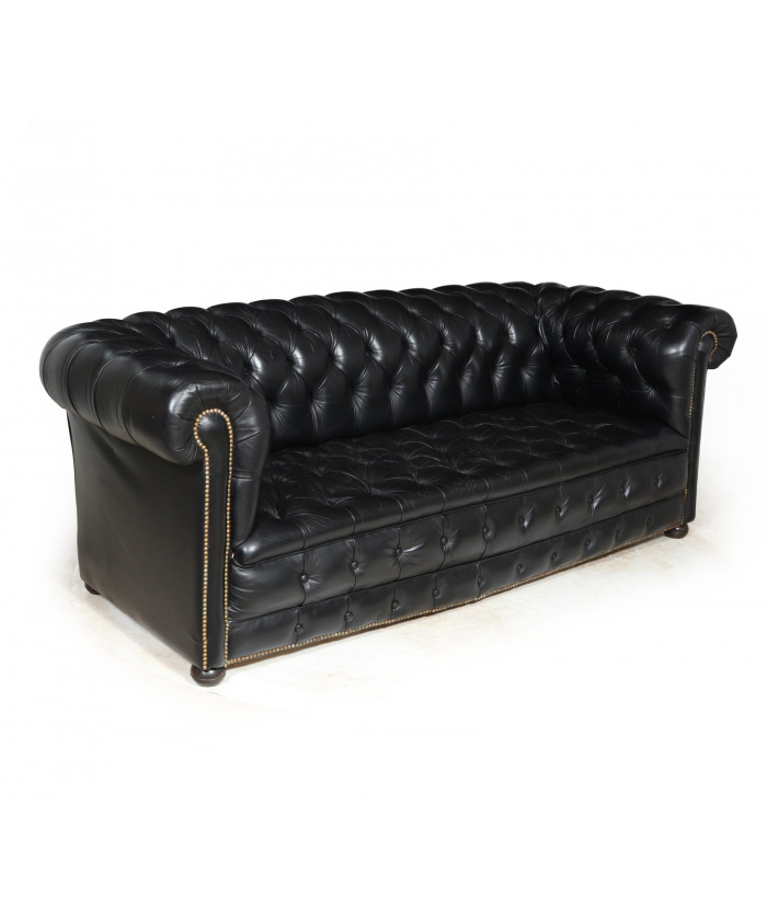Vintage Black leather Chesterfield Sofa