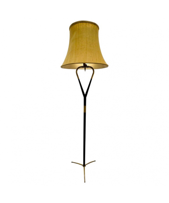 Italian Brass Black Lacquered Wood Floor Lamp, 1950s