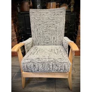 Reupholstered mid century fireside armchair in geometric slub jacquard retro vintage grey and cream beech wood frame