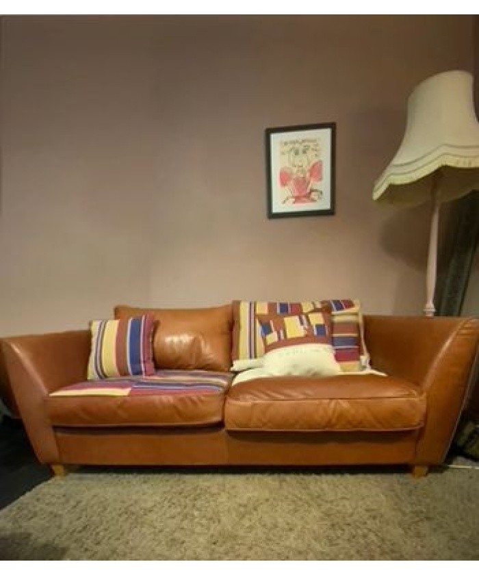 Vintage tan leather top seater Heals sofa, reupholstered using original 1970s stripe jute