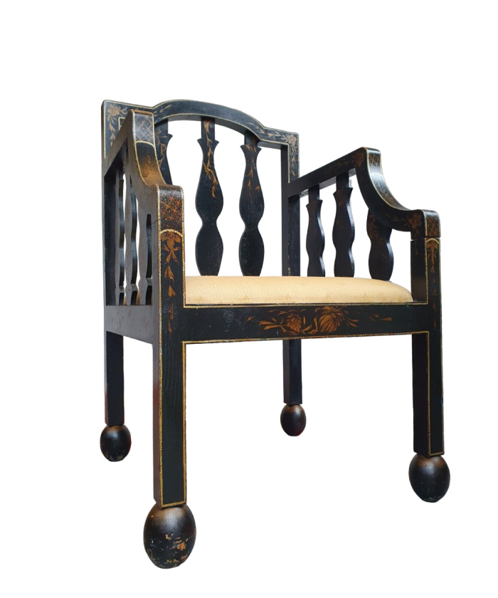 Antique Late 19th Century Chinoiserie Ebonised & Hand Painted Armchair.