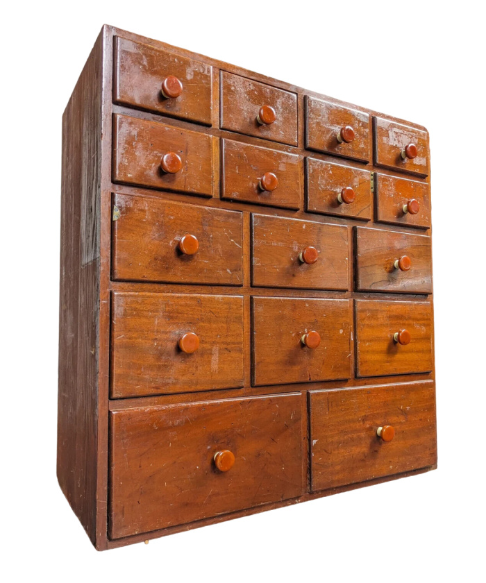 Bank of Antique Chemists Apothecary Drawers, Bakelite Handles