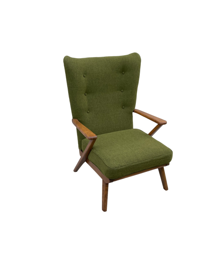 Elegant Mid Century Armchair With Moss Green Upholstery
