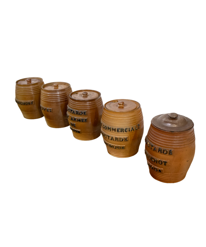 Five French Earthenware Kitchen Storage Jars