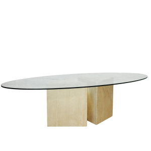 Stylish Oval Glass Coffee Table With Travertine & Brass Base, 1980s