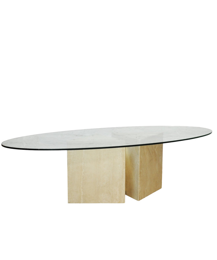 Stylish Oval Glass Coffee Table With Travertine & Brass Base, 1980s