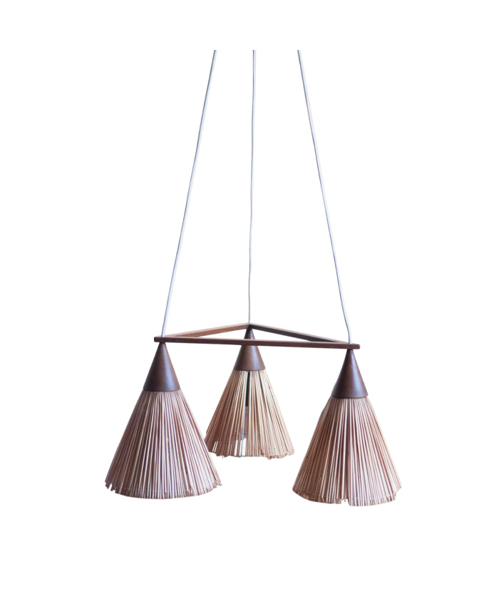 Vintage 3 Cone Teak & Sisal Pendant Lamp By Temde, 1960s